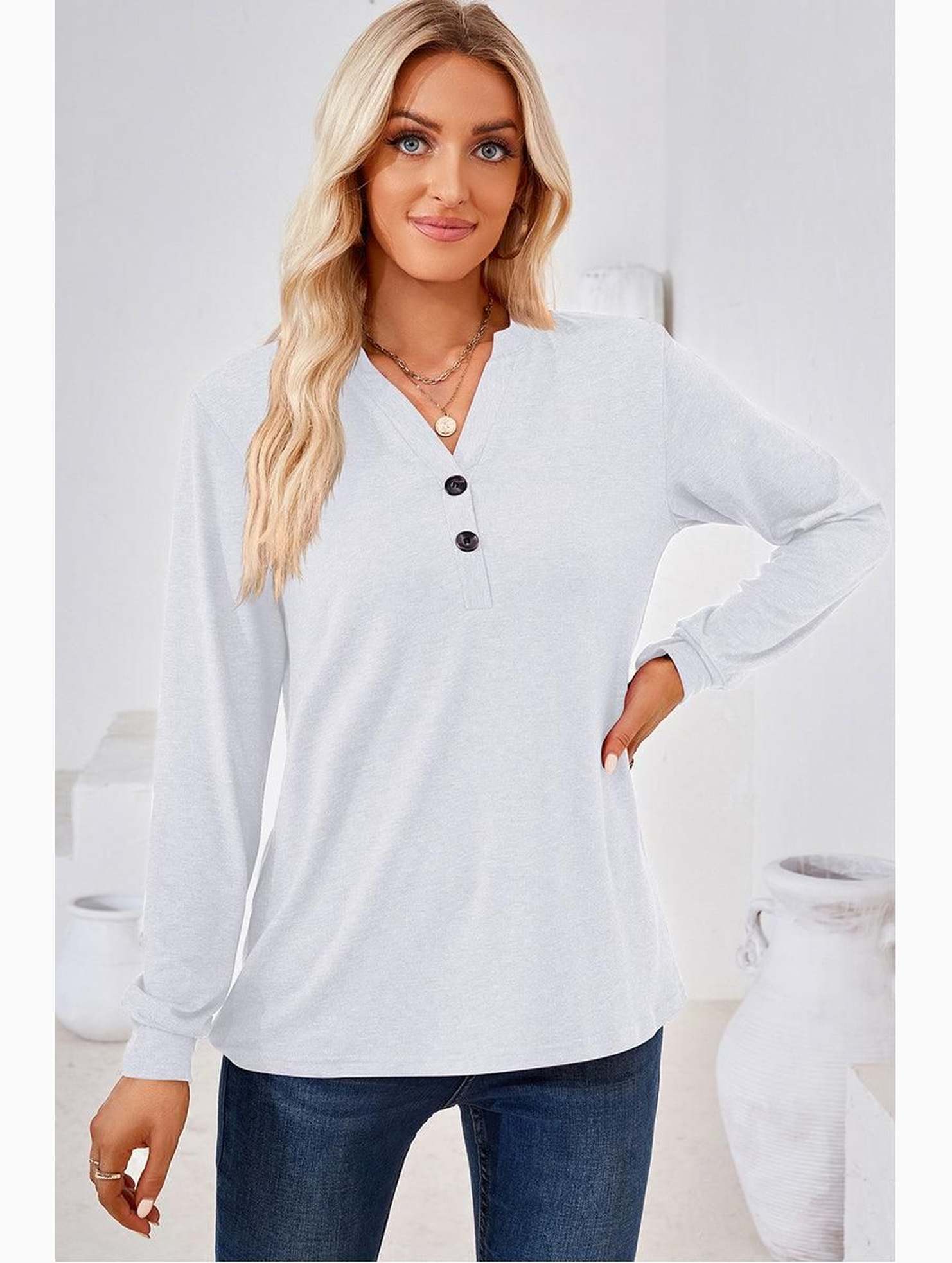 WOMEN BUTTONED V NECK RIB SLEEVE CASUAL TEE - Doublju