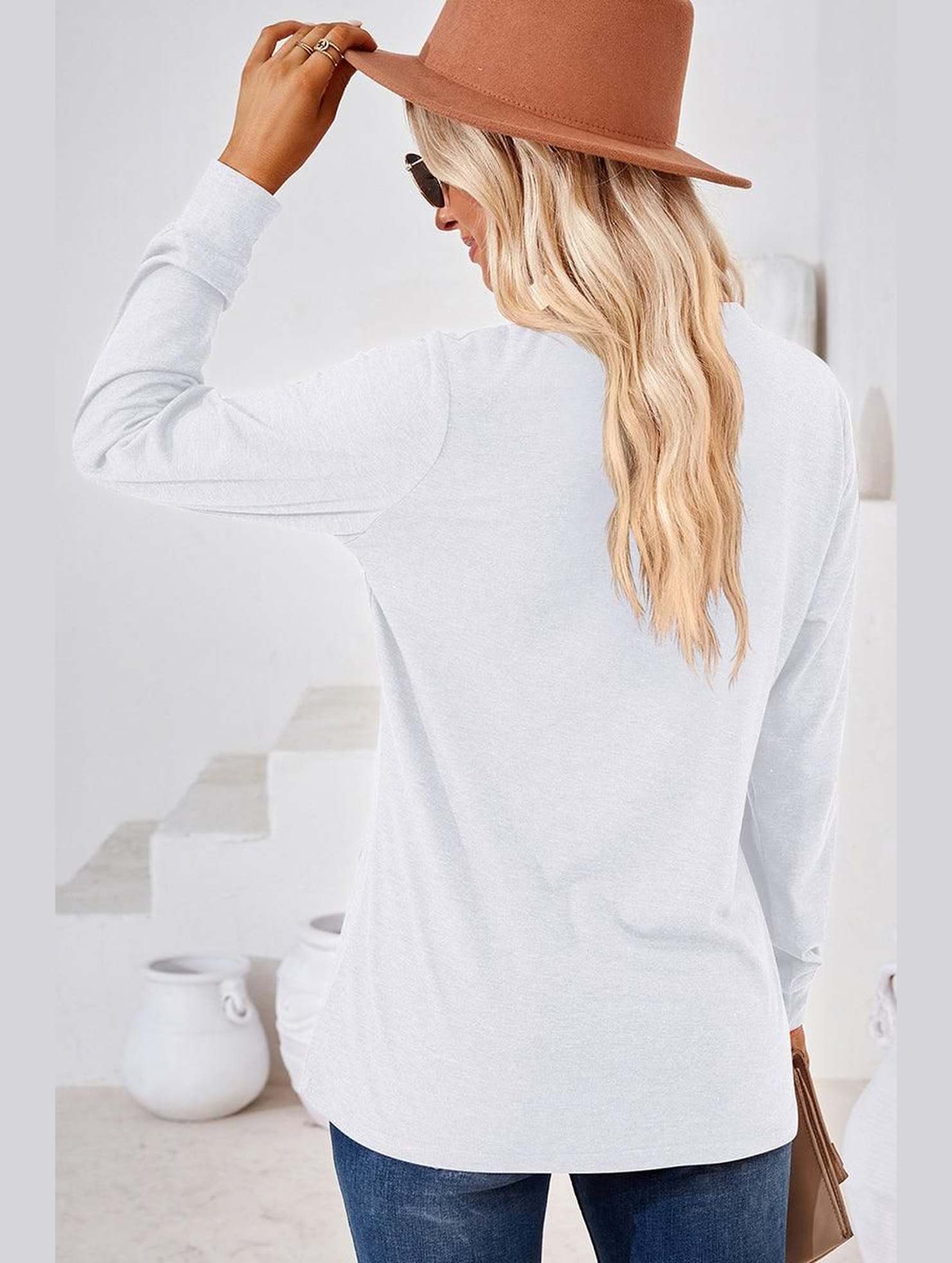 WOMEN BUTTONED V NECK RIB SLEEVE CASUAL TEE - Doublju