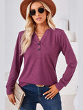 WOMEN BUTTONED V NECK RIB SLEEVE CASUAL TEE - Doublju
