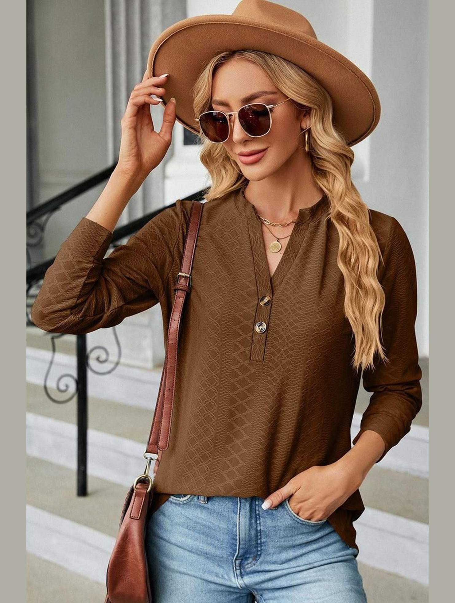 WOMEN V NECK BUTTON JACQUARD LOOSE FIT TOP - Doublju