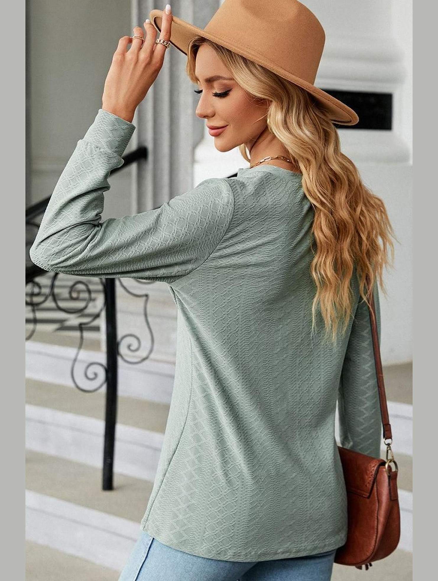 WOMEN V NECK BUTTON JACQUARD LOOSE FIT TOP - Doublju