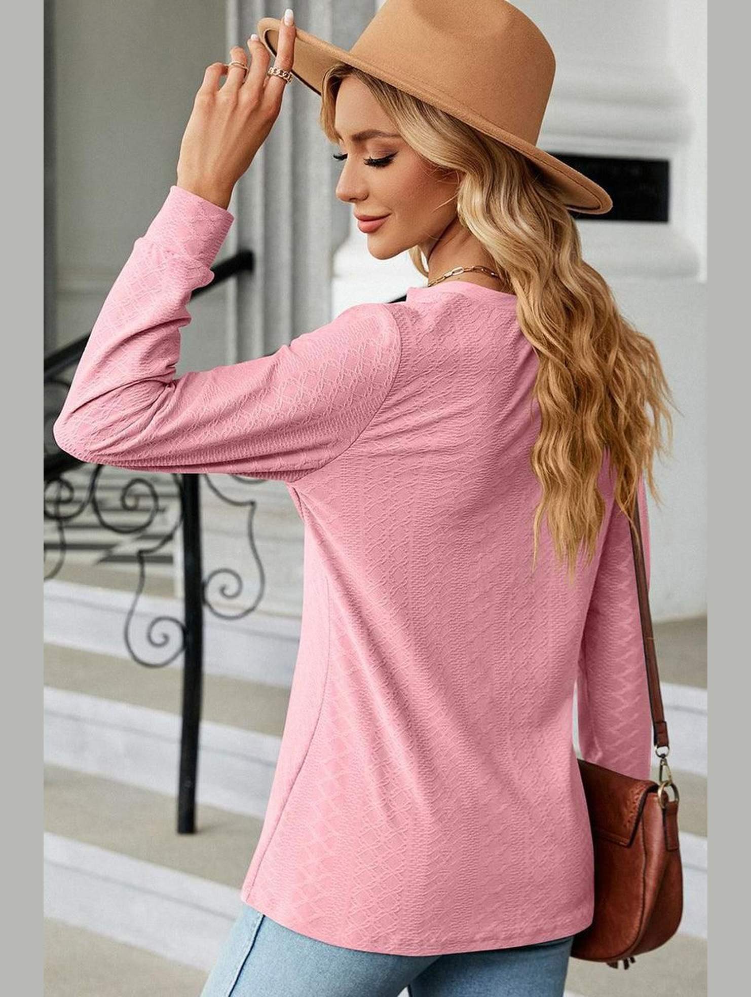 WOMEN V NECK BUTTON JACQUARD LOOSE FIT TOP - Doublju