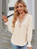 WOMEN GUIPURE LACE TRIM NECK RUFFLE SLEEVE BLOUSE - Doublju