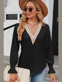 WOMEN GUIPURE LACE TRIM NECK RUFFLE SLEEVE BLOUSE - Doublju