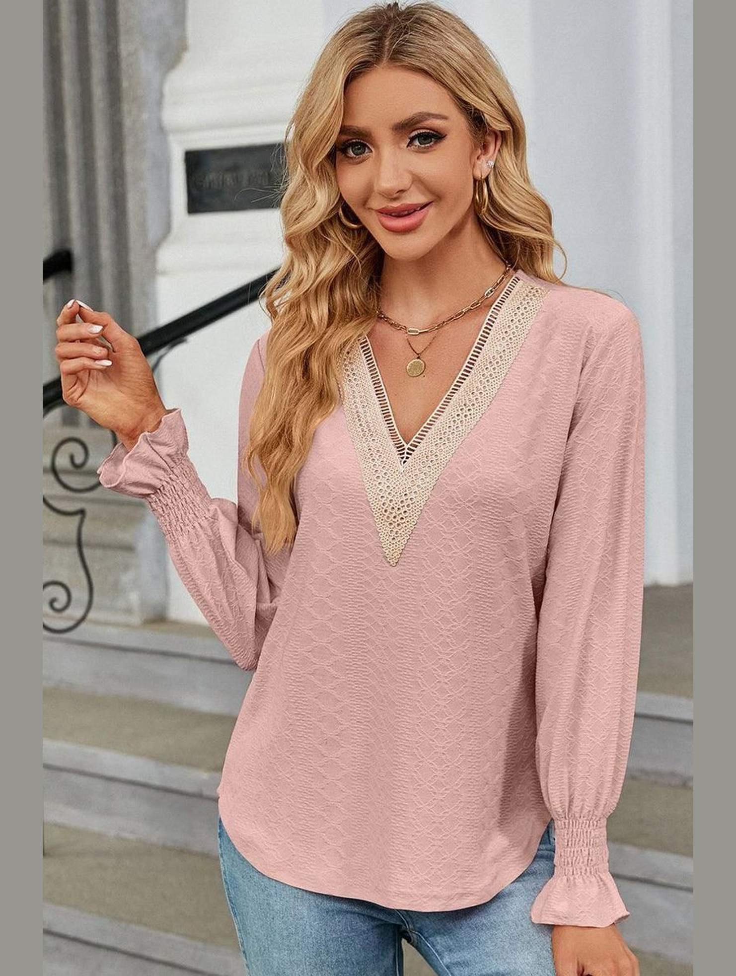 WOMEN GUIPURE LACE TRIM NECK RUFFLE SLEEVE BLOUSE - Doublju