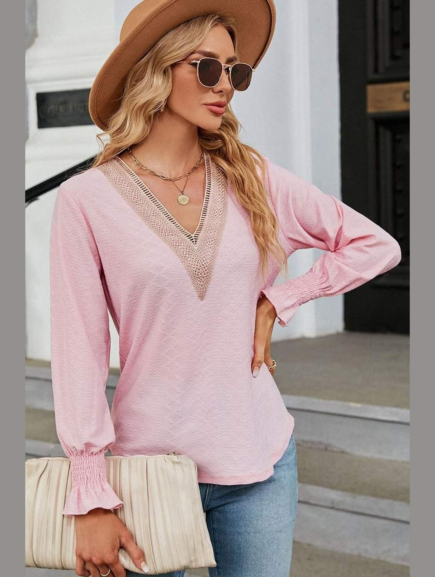 WOMEN GUIPURE LACE TRIM NECK RUFFLE SLEEVE BLOUSE - Doublju