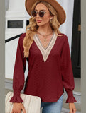 WOMEN GUIPURE LACE TRIM NECK RUFFLE SLEEVE BLOUSE - Doublju