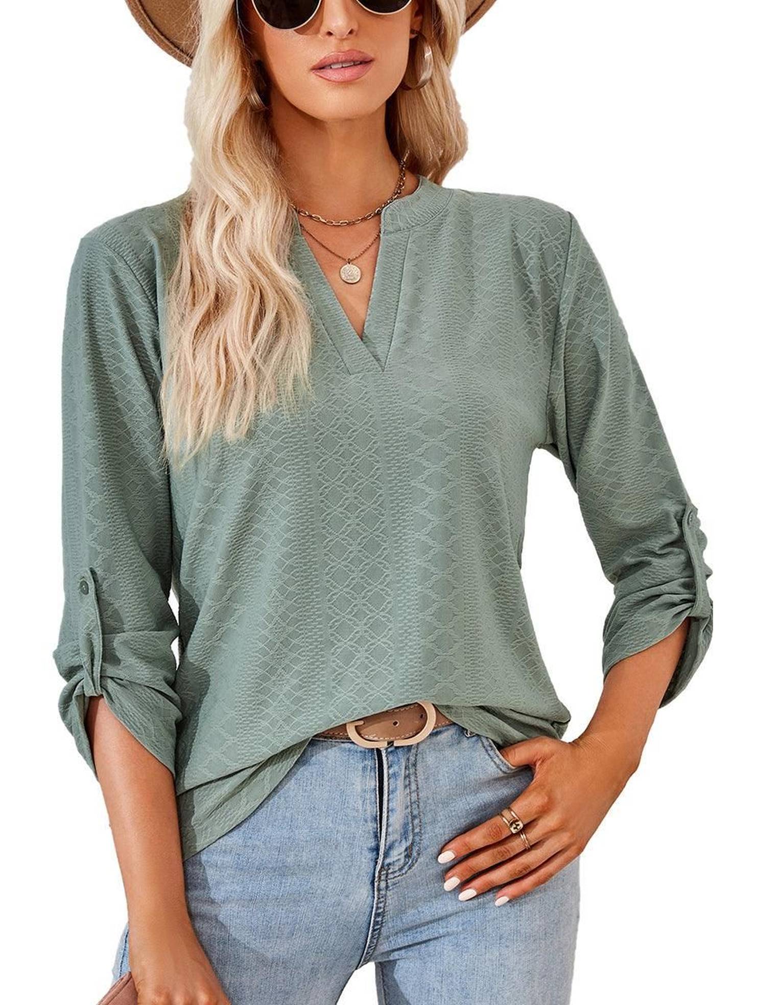 THREE QUARTER SLEEVE V NECK TOP - Doublju