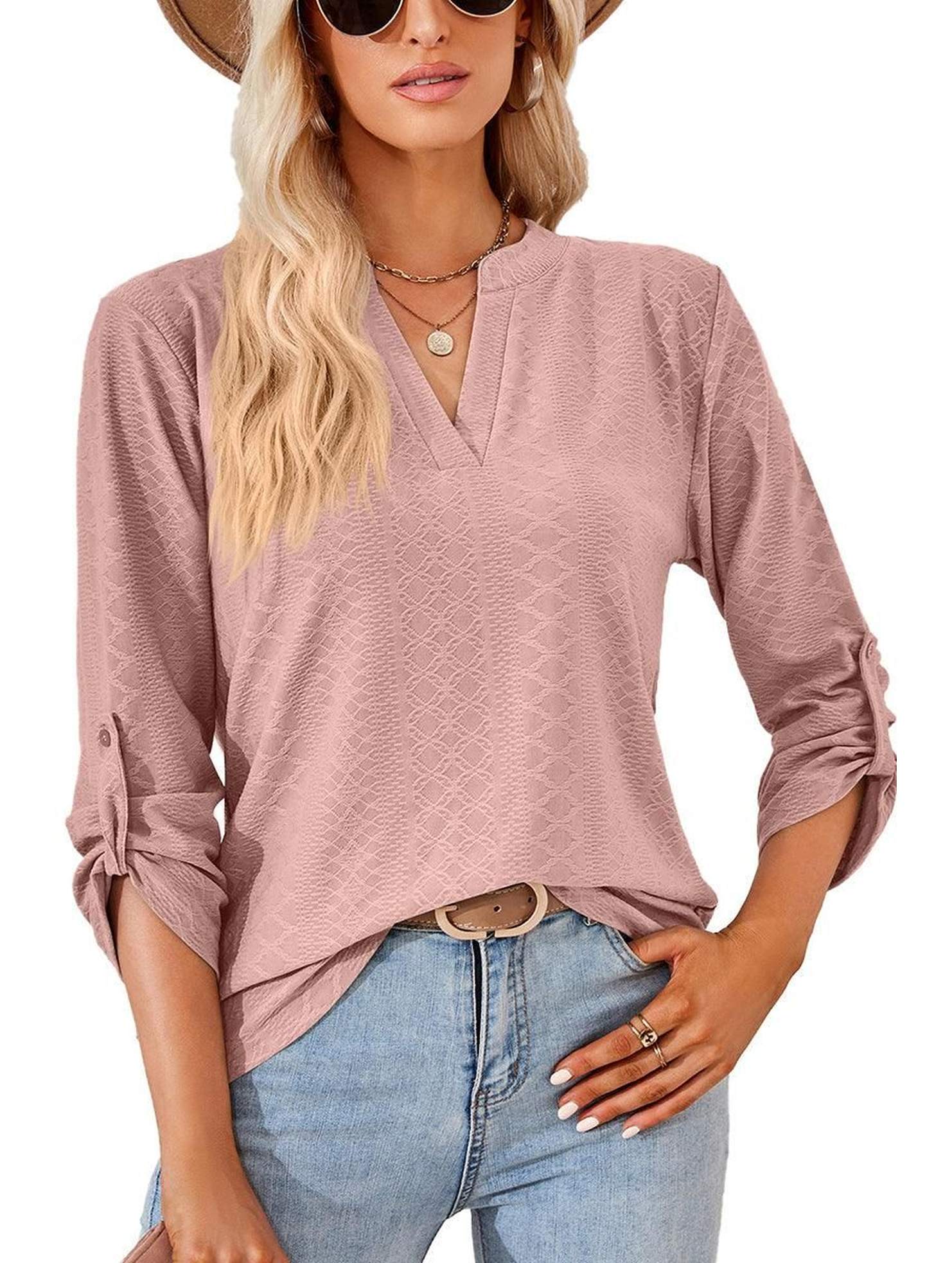THREE QUARTER SLEEVE V NECK TOP - Doublju