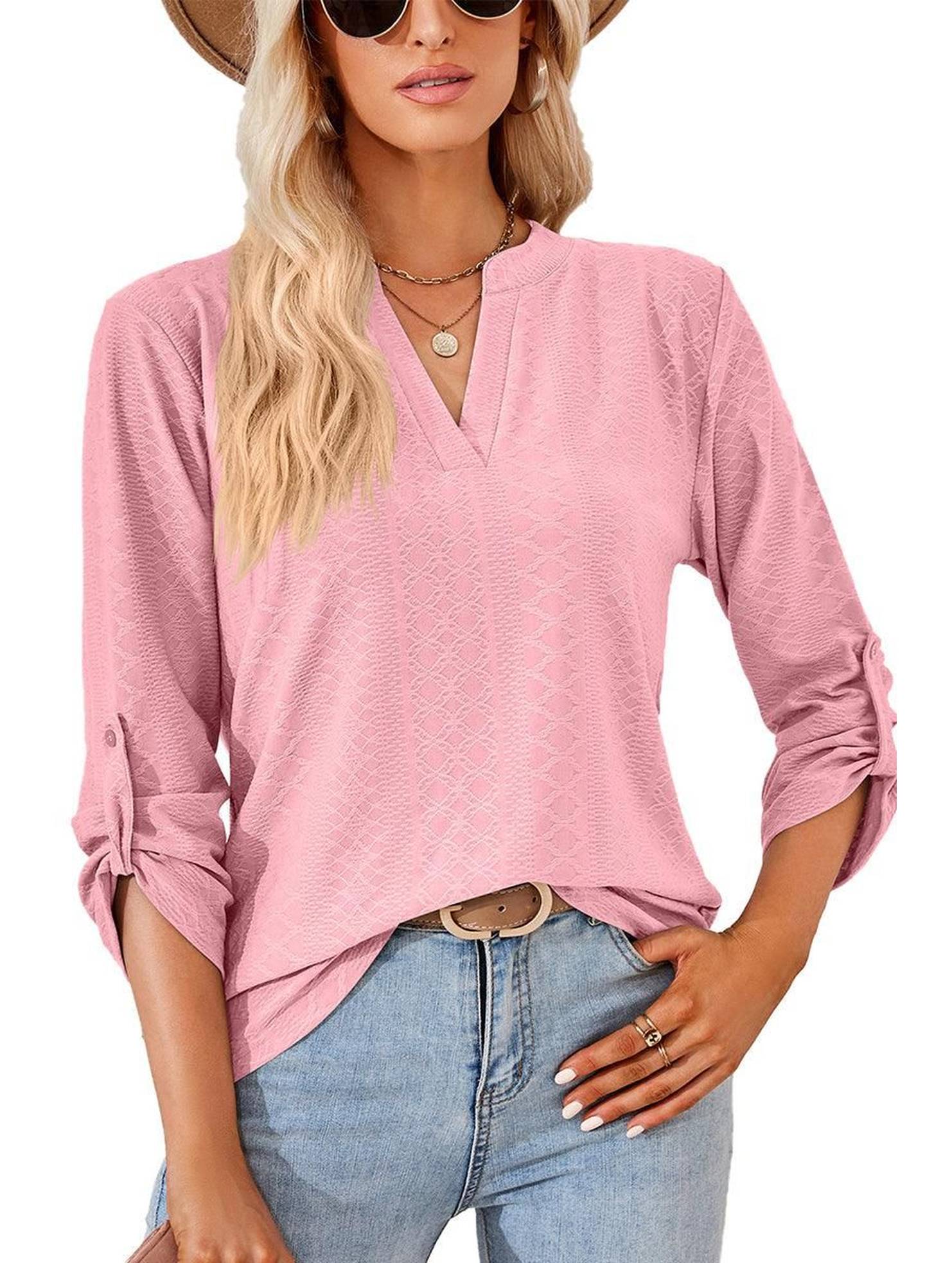 THREE QUARTER SLEEVE V NECK TOP - Doublju