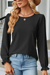 WOMEN ROUND NECK RUFFLED SLEEVE BLOUSE TOP