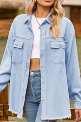 WOMEN DISTRESSED HEM BUTTON UP DENIM SHIRT