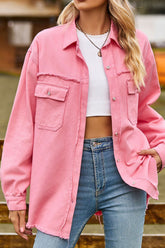 WOMEN DISTRESSED HEM BUTTON UP DENIM SHIRT