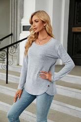 WOMEN ROUND NECK BUTTON DETAILED LONG SLEEVE TEE