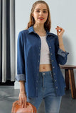 DENIM CHAMBRAY BUTTON UP LONG SLEEVE TOP - Doublju