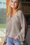 V NECK LONG SLEEVE WAFFLE KNIT TOP - Doublju