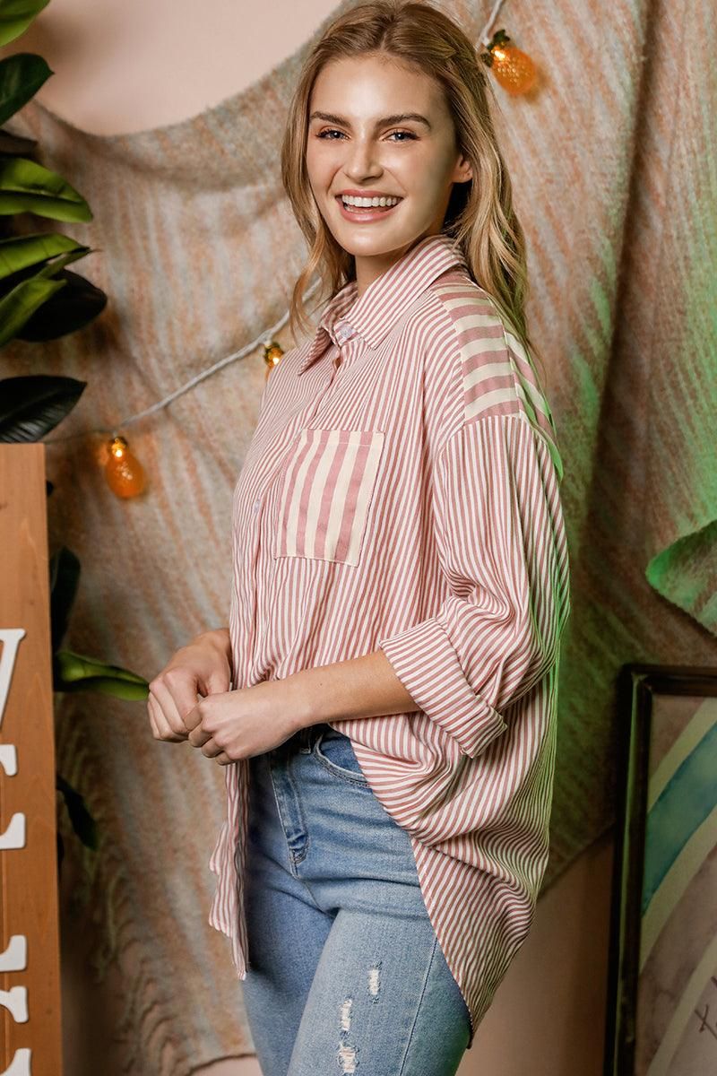 CONTRAST YOKE DETAILED BUTTON DOWN RAYON SHIRTS - Doublju