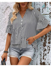 BUTTON NECK RUFFLE SLEEVE STRIPE TUNIC TOP - Doublju