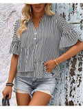 BUTTON NECK RUFFLE SLEEVE STRIPE TUNIC TOP - Doublju