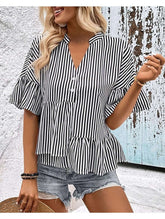 BUTTON NECK RUFFLE SLEEVE STRIPE TUNIC TOP - Doublju