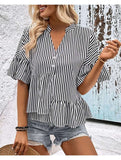 BUTTON NECK RUFFLE SLEEVE STRIPE TUNIC TOP - Doublju