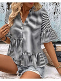 BUTTON NECK RUFFLE SLEEVE STRIPE TUNIC TOP - Doublju