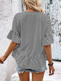 BUTTON NECK RUFFLE SLEEVE STRIPE TUNIC TOP - Doublju