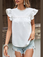 WOMEN ANGEL SLEEVE LACED HIGH NECK SWISS DOT TEE - Doublju