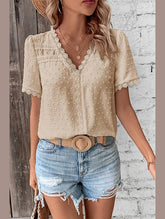 WOMEN SWISS DOT LACE TRIM NECK SHORT T SHIRT - Doublju