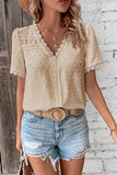 WOMEN SWISS DOT LACE TRIM NECK SHORT T SHIRT - Doublju