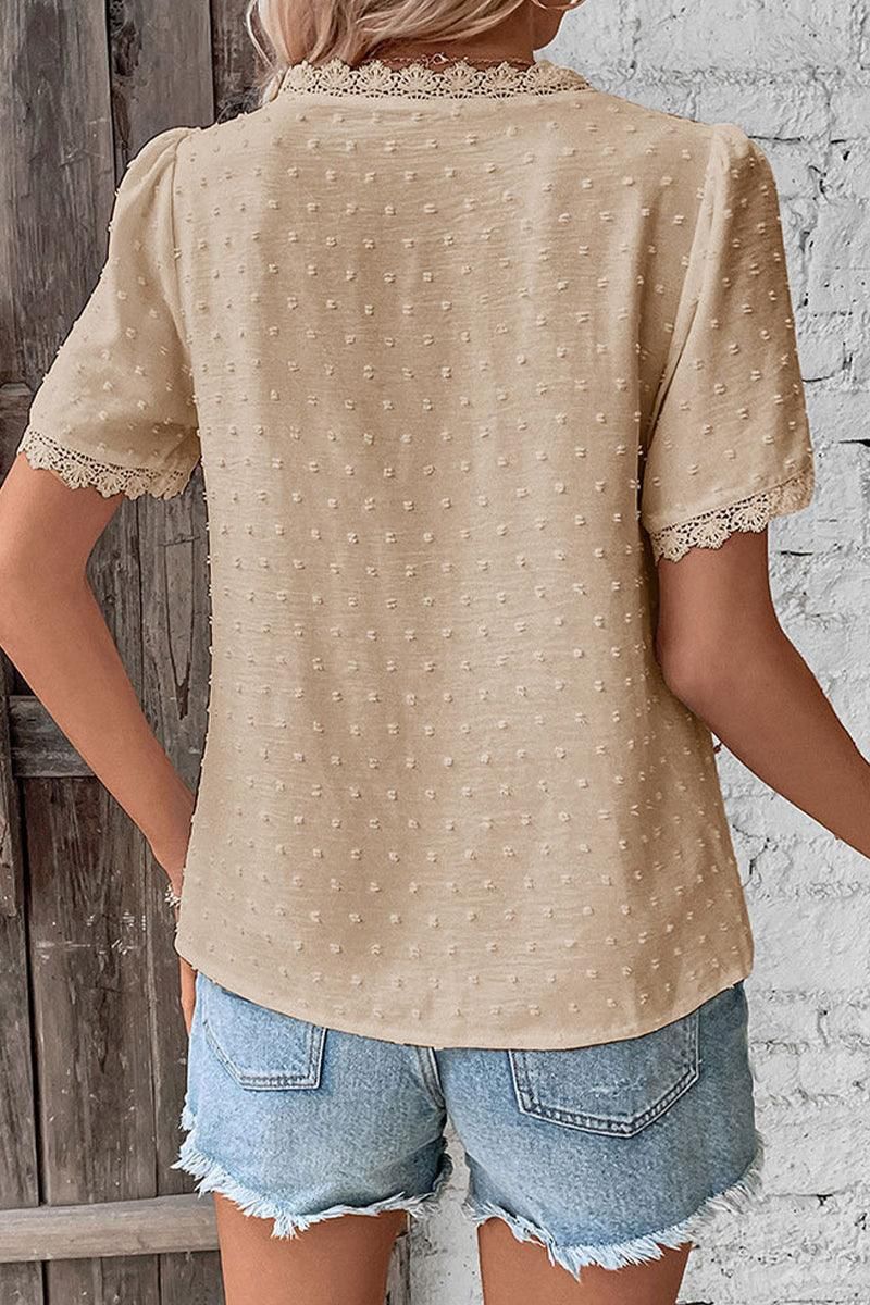 WOMEN SWISS DOT LACE TRIM NECK SHORT T SHIRT - Doublju