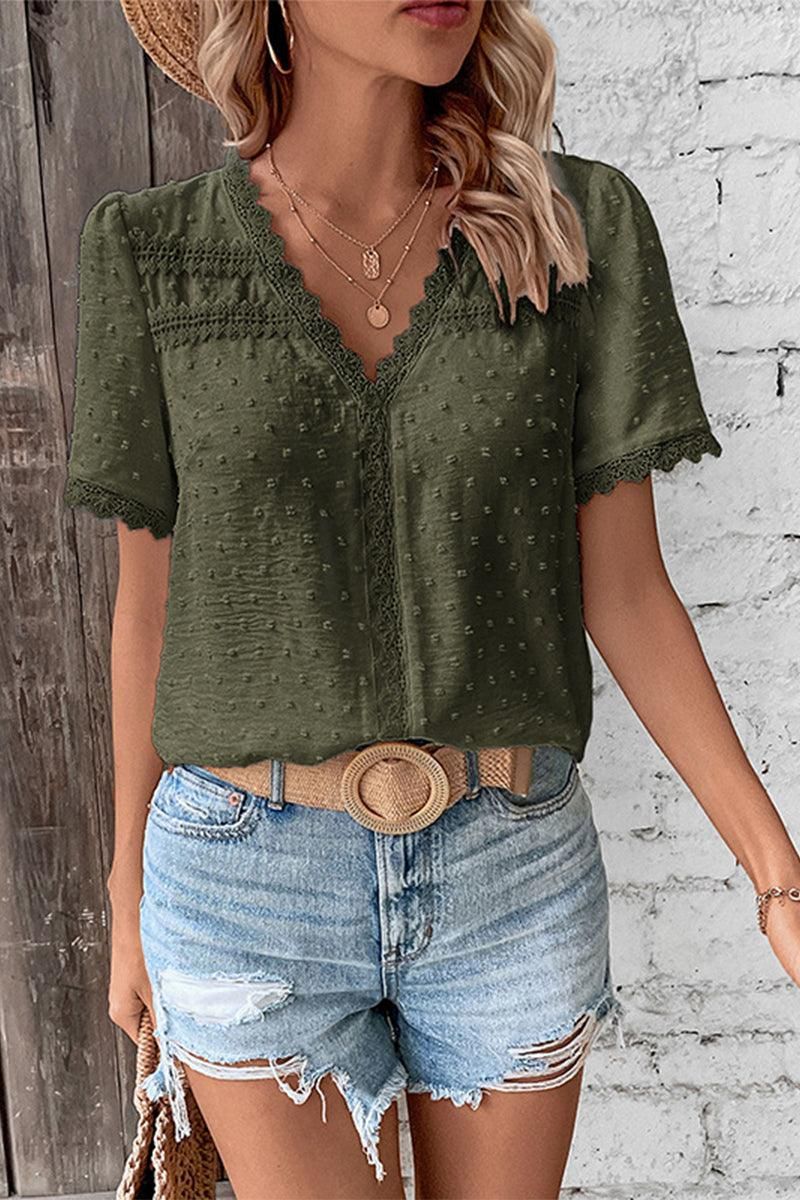 WOMEN SWISS DOT LACE TRIM NECK SHORT T SHIRT - Doublju