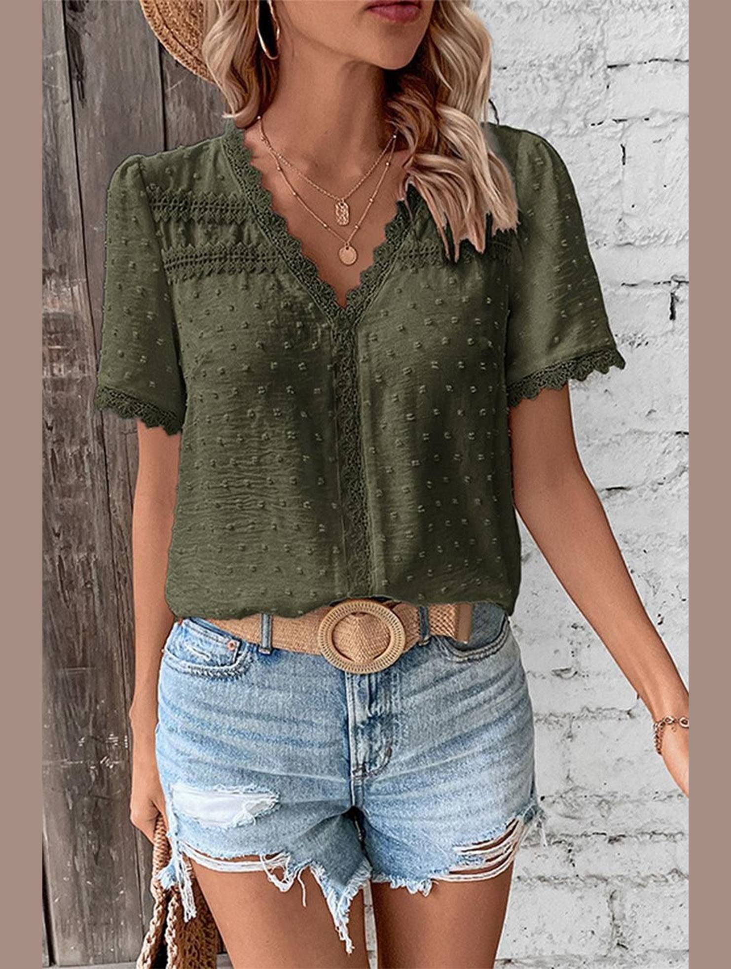 WOMEN SWISS DOT LACE TRIM NECK SHORT T SHIRT - Doublju