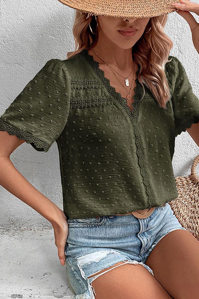 WOMEN SWISS DOT LACE TRIM NECK SHORT T SHIRT - Doublju