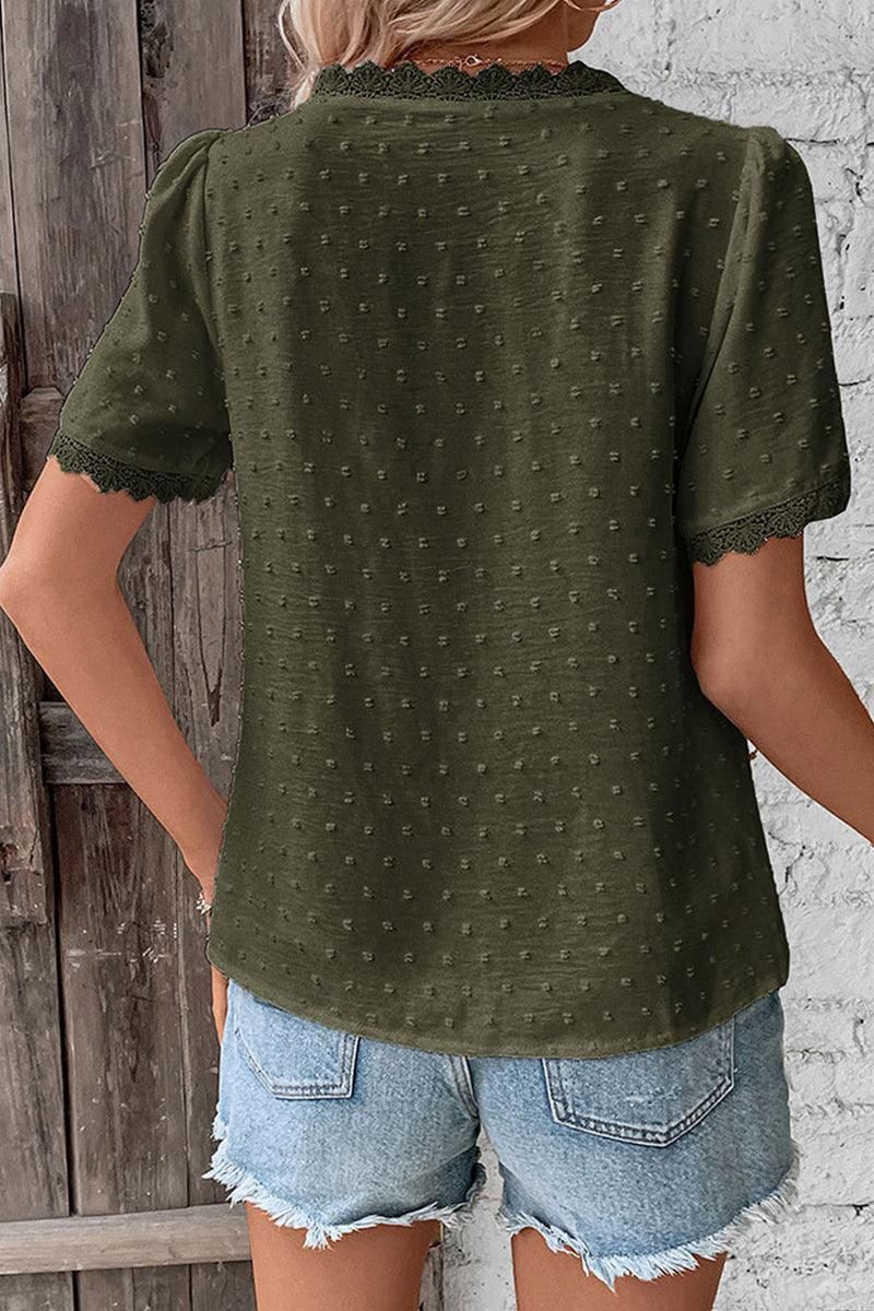 WOMEN SWISS DOT LACE TRIM NECK SHORT T SHIRT - Doublju