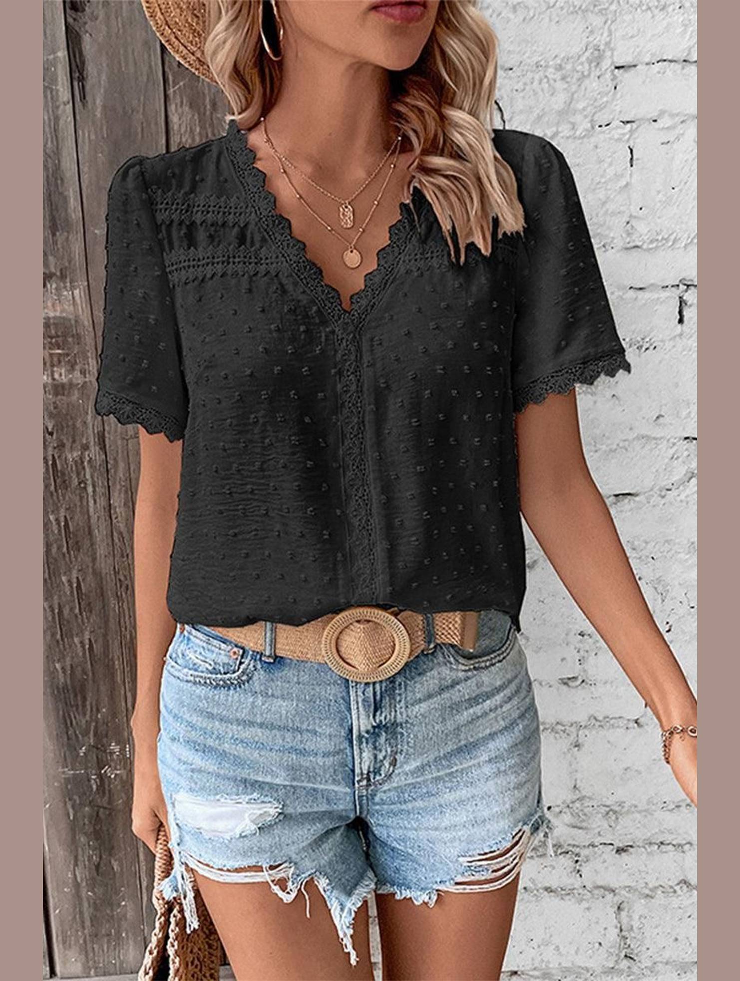 WOMEN SWISS DOT LACE TRIM NECK SHORT T SHIRT - Doublju