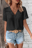 WOMEN SWISS DOT LACE TRIM NECK SHORT T SHIRT - Doublju