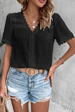 WOMEN SWISS DOT LACE TRIM NECK SHORT T SHIRT - Doublju