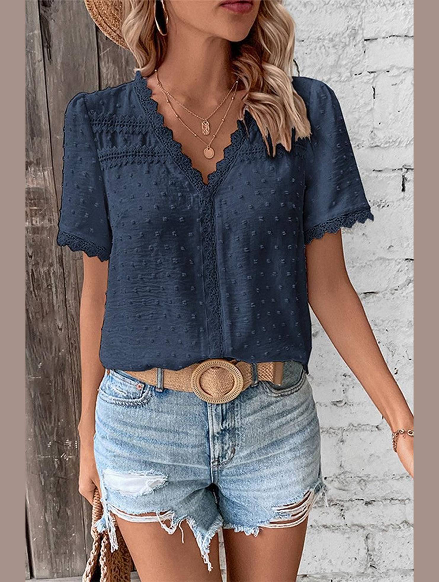 WOMEN SWISS DOT LACE TRIM NECK SHORT T SHIRT - Doublju