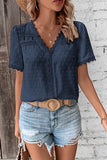 WOMEN SWISS DOT LACE TRIM NECK SHORT T SHIRT - Doublju