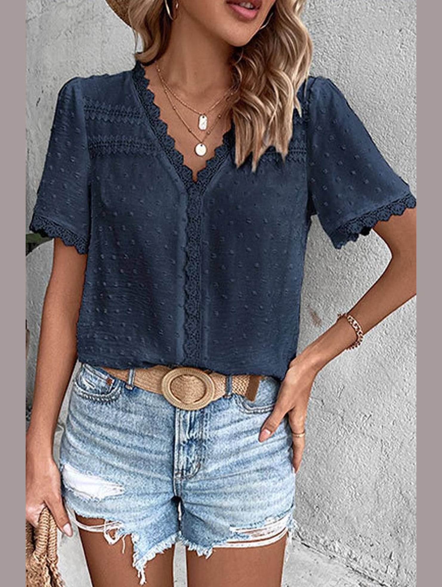 WOMEN SWISS DOT LACE TRIM NECK SHORT T SHIRT - Doublju