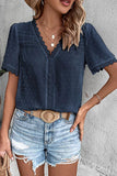 WOMEN SWISS DOT LACE TRIM NECK SHORT T SHIRT - Doublju