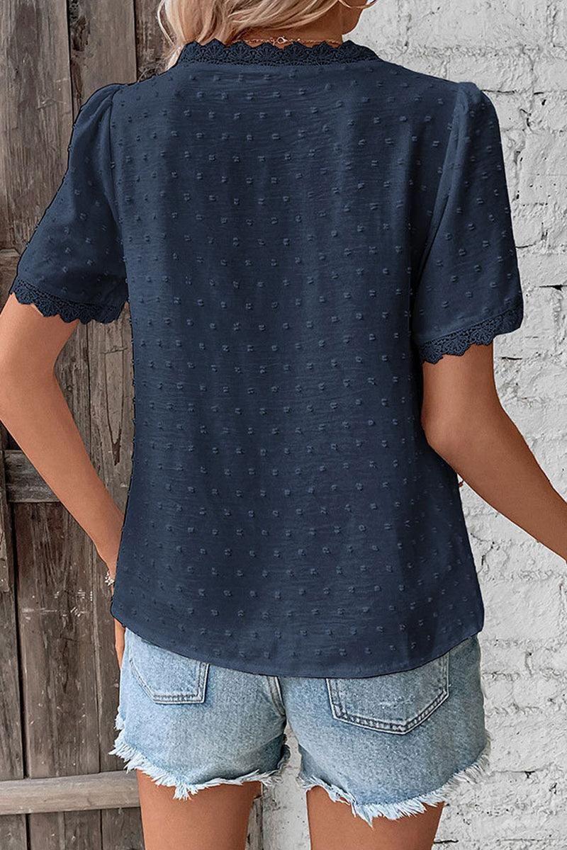 WOMEN SWISS DOT LACE TRIM NECK SHORT T SHIRT - Doublju