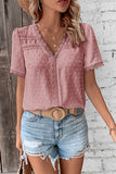 WOMEN SWISS DOT LACE TRIM NECK SHORT T SHIRT - Doublju