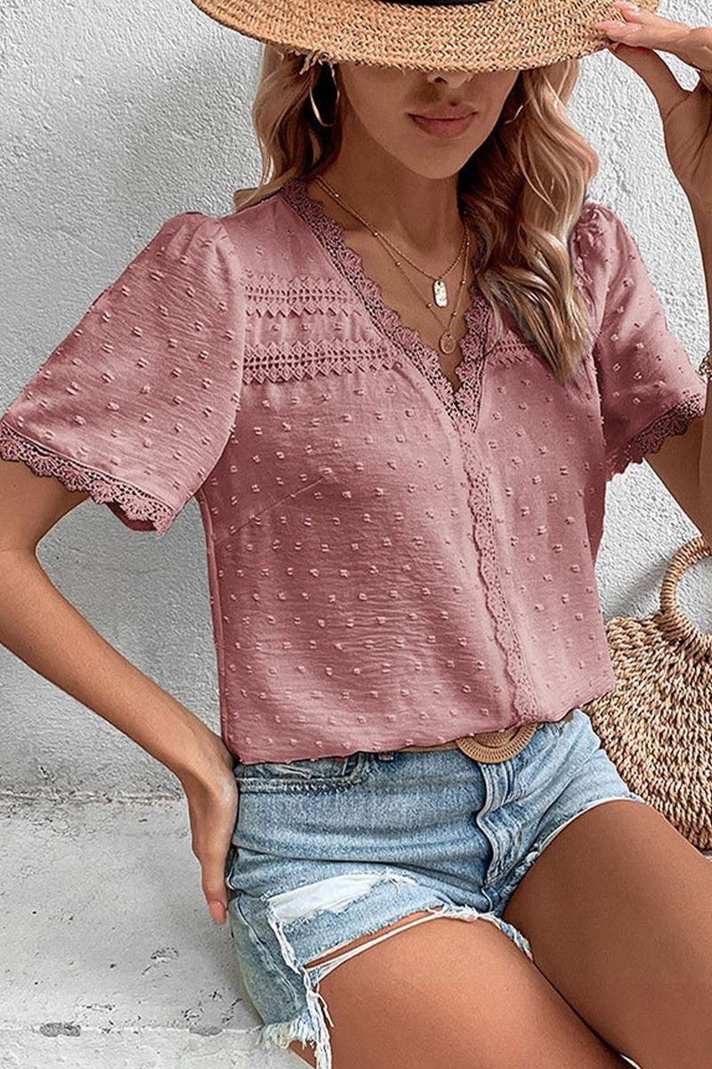 WOMEN SWISS DOT LACE TRIM NECK SHORT T SHIRT - Doublju