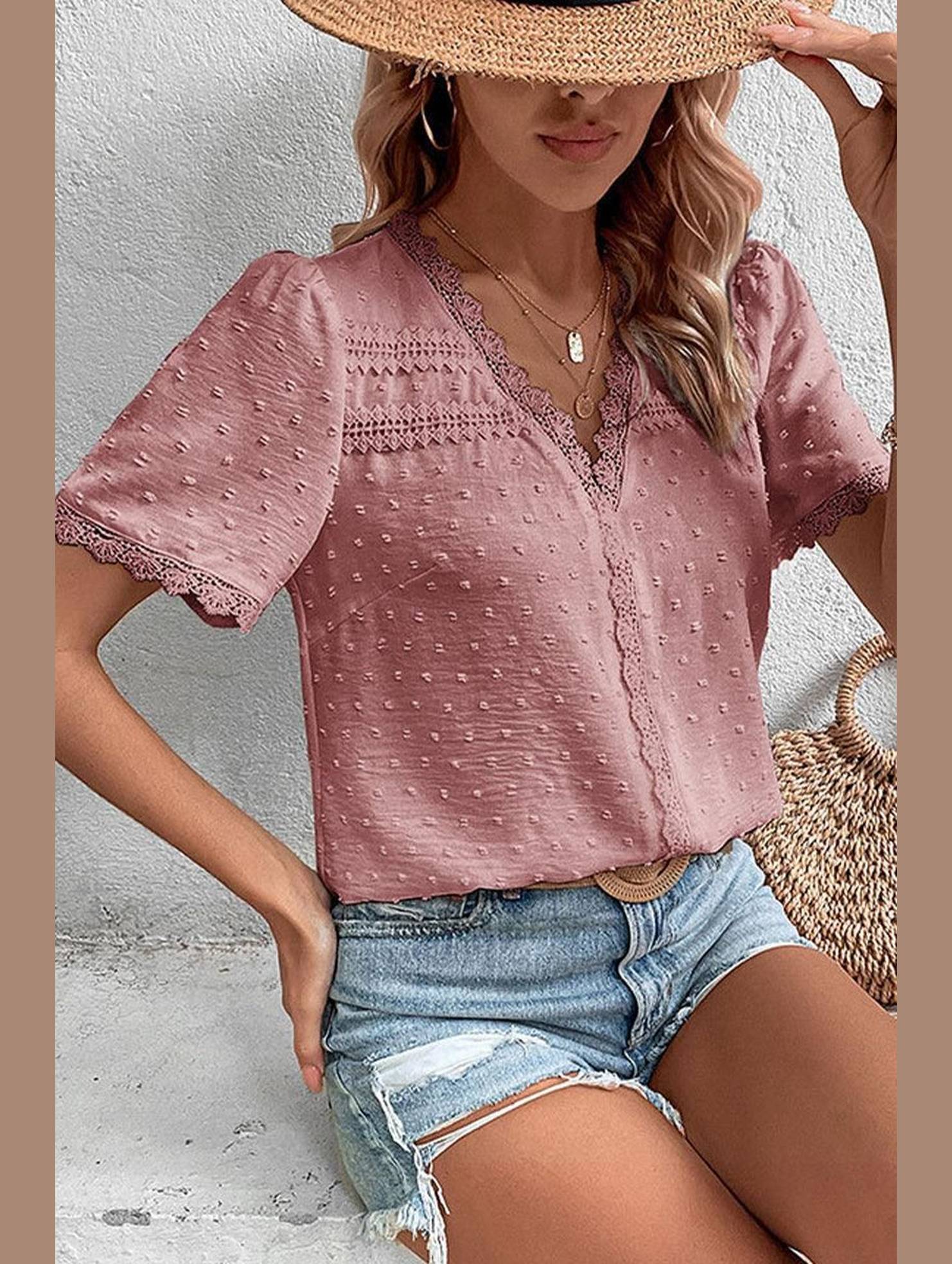 WOMEN SWISS DOT LACE TRIM NECK SHORT T SHIRT - Doublju