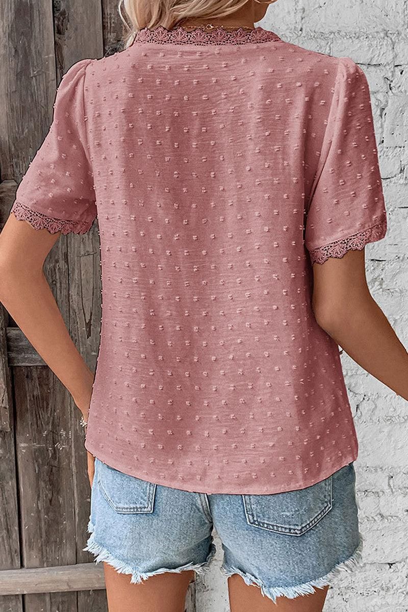WOMEN SWISS DOT LACE TRIM NECK SHORT T SHIRT - Doublju
