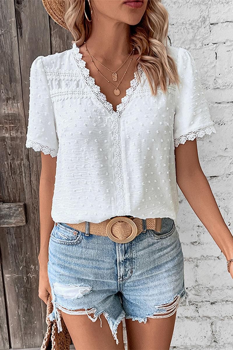 WOMEN SWISS DOT LACE TRIM NECK SHORT T SHIRT - Doublju