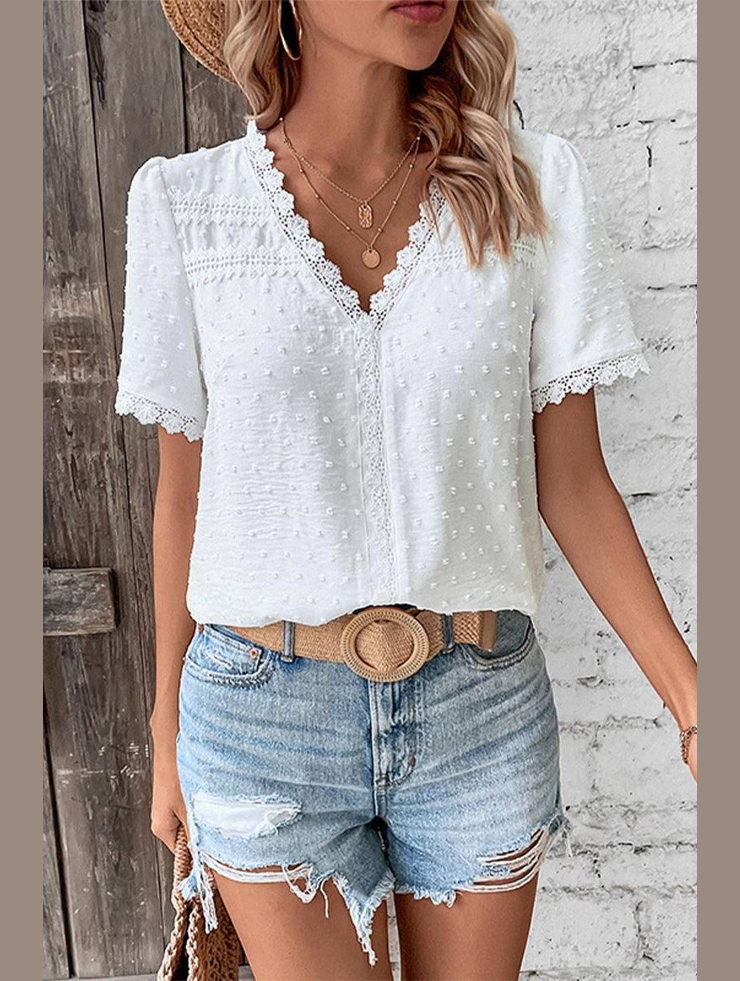 WOMEN SWISS DOT LACE TRIM NECK SHORT T SHIRT - Doublju