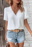 WOMEN SWISS DOT LACE TRIM NECK SHORT T SHIRT - Doublju